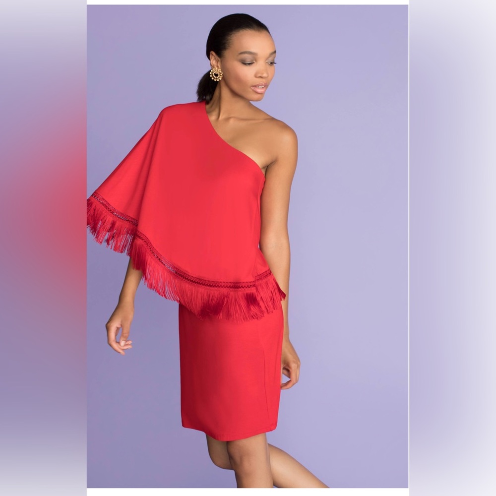 Trina Turk Eastside One Shoulder Popover Fringe Dress Red XS
